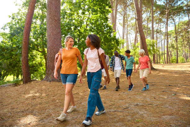 Outdoor group walking session illustration in a park setting with multiple participants